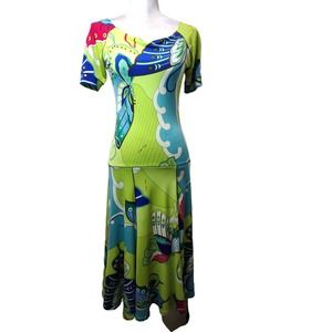 Evo Vorro short sleeve scoop neck green & blue midi dress